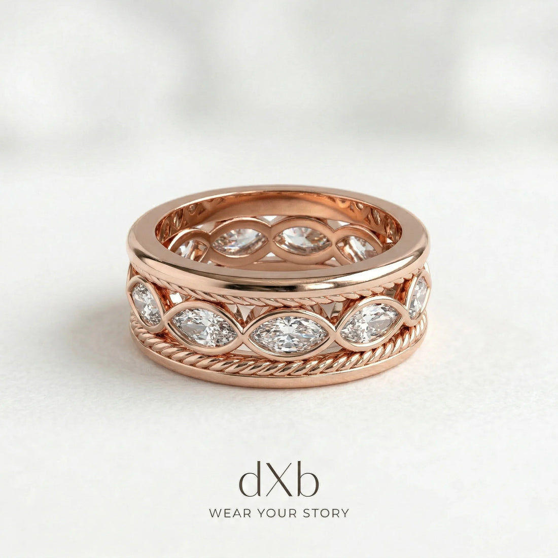 14k rose gold Cubic Zirconia Marquise Eternity Band with Rope Detail ring
