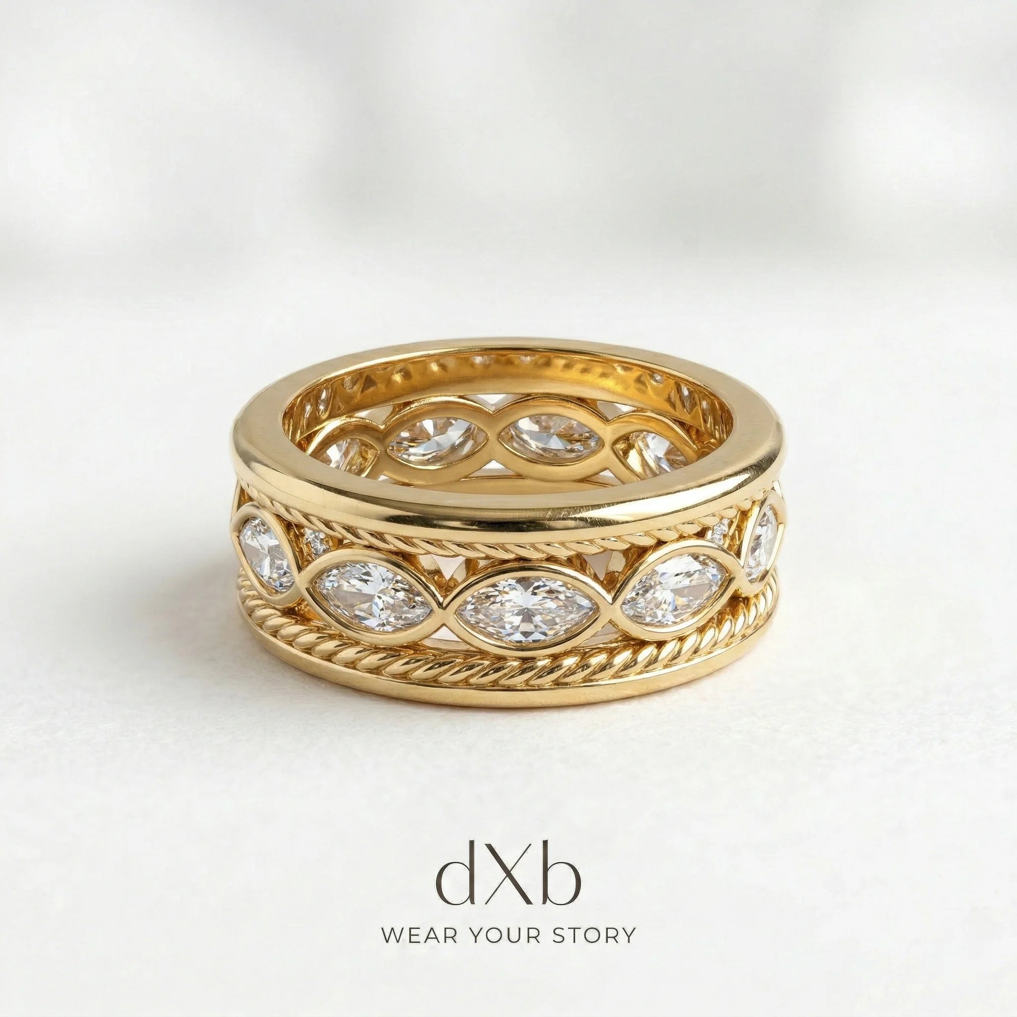 14k yellow gold Cubic Zirconia Marquise Eternity Band with Rope Detail ring