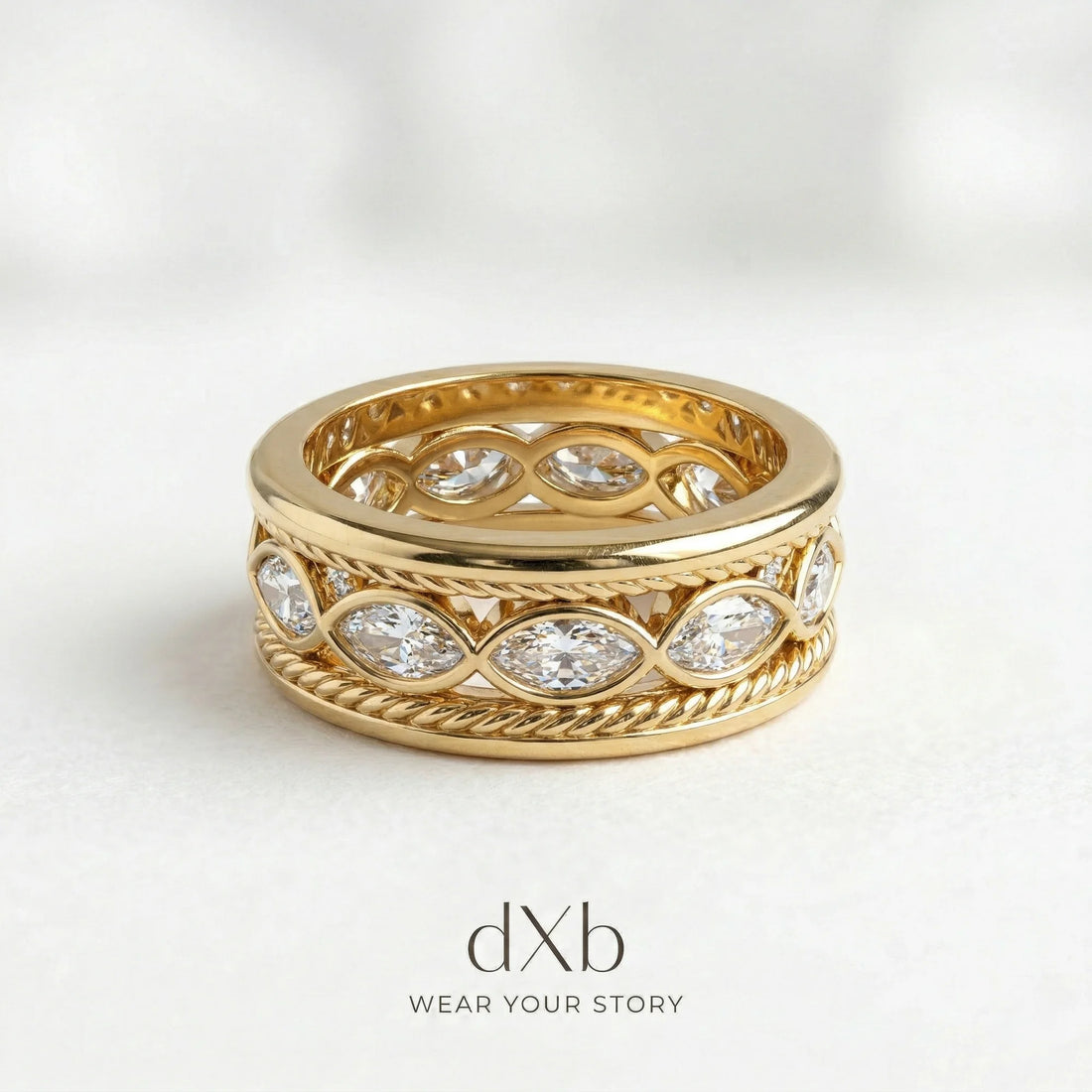 14k yellow gold Cubic Zirconia Marquise Eternity Band with Rope Detail ring