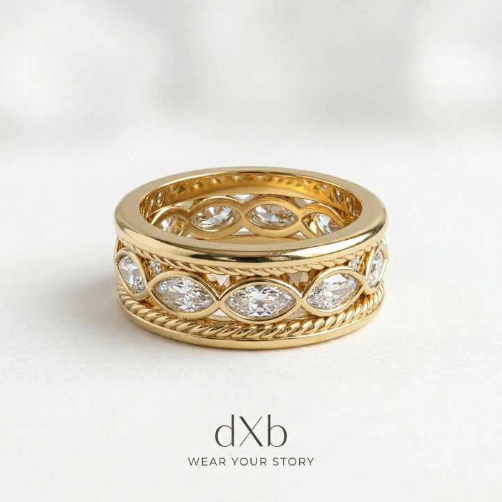 14k yellow gold Cubic Zirconia Marquise Eternity Band with Rope Detail ring
