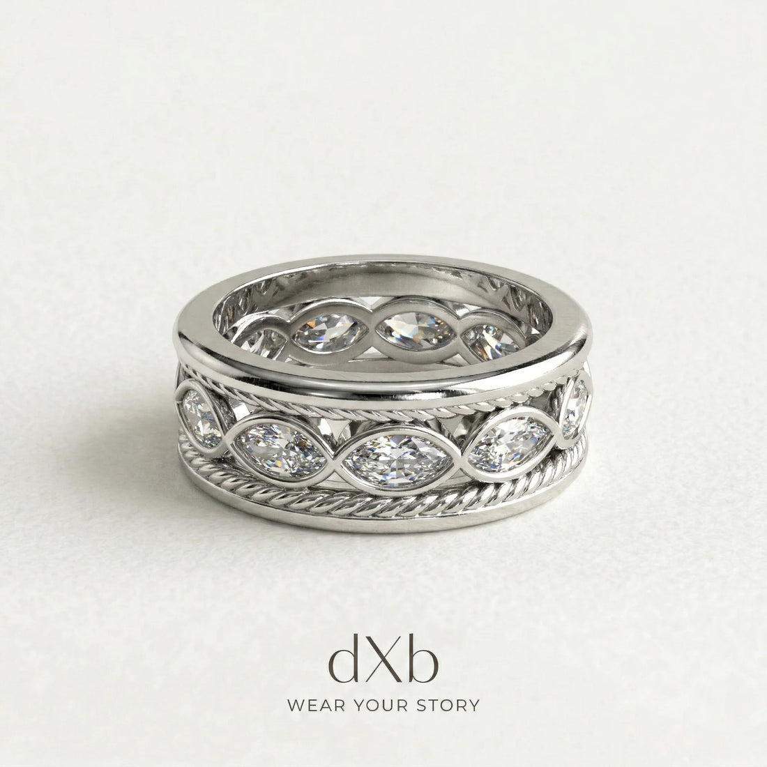 platinum Cubic Zirconia Marquise Eternity Band with Rope Detail ring