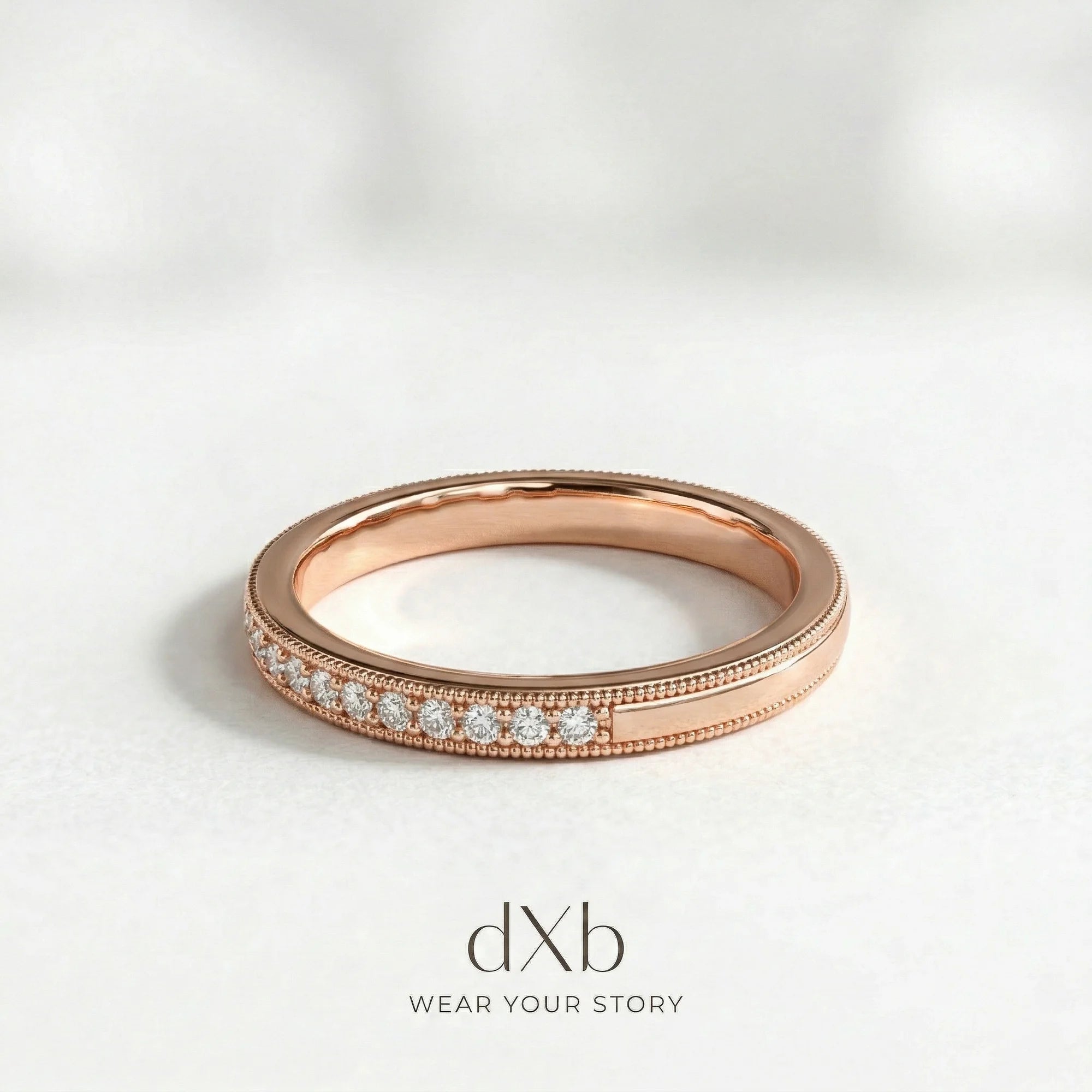 14k rose gold clear stone round milgrain eternity band ring