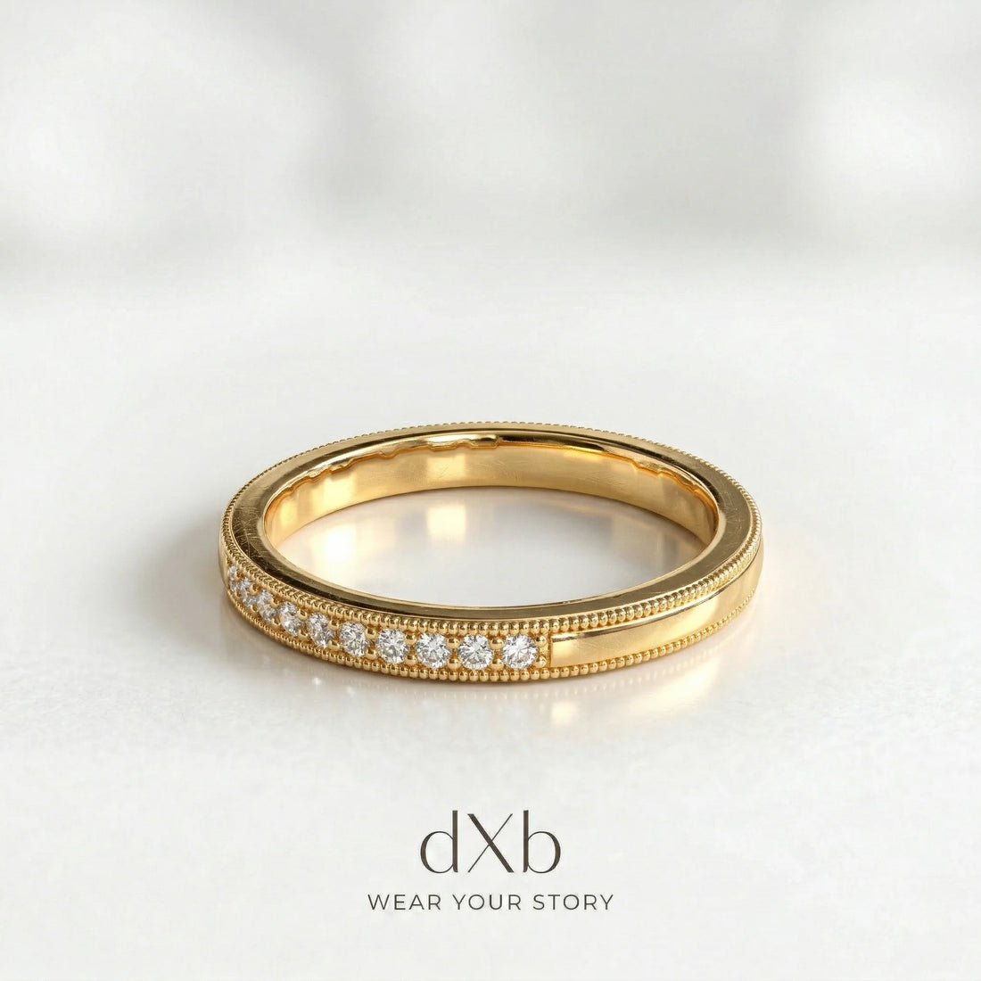 14k yellow gold clear stone round milgrain eternity band ring