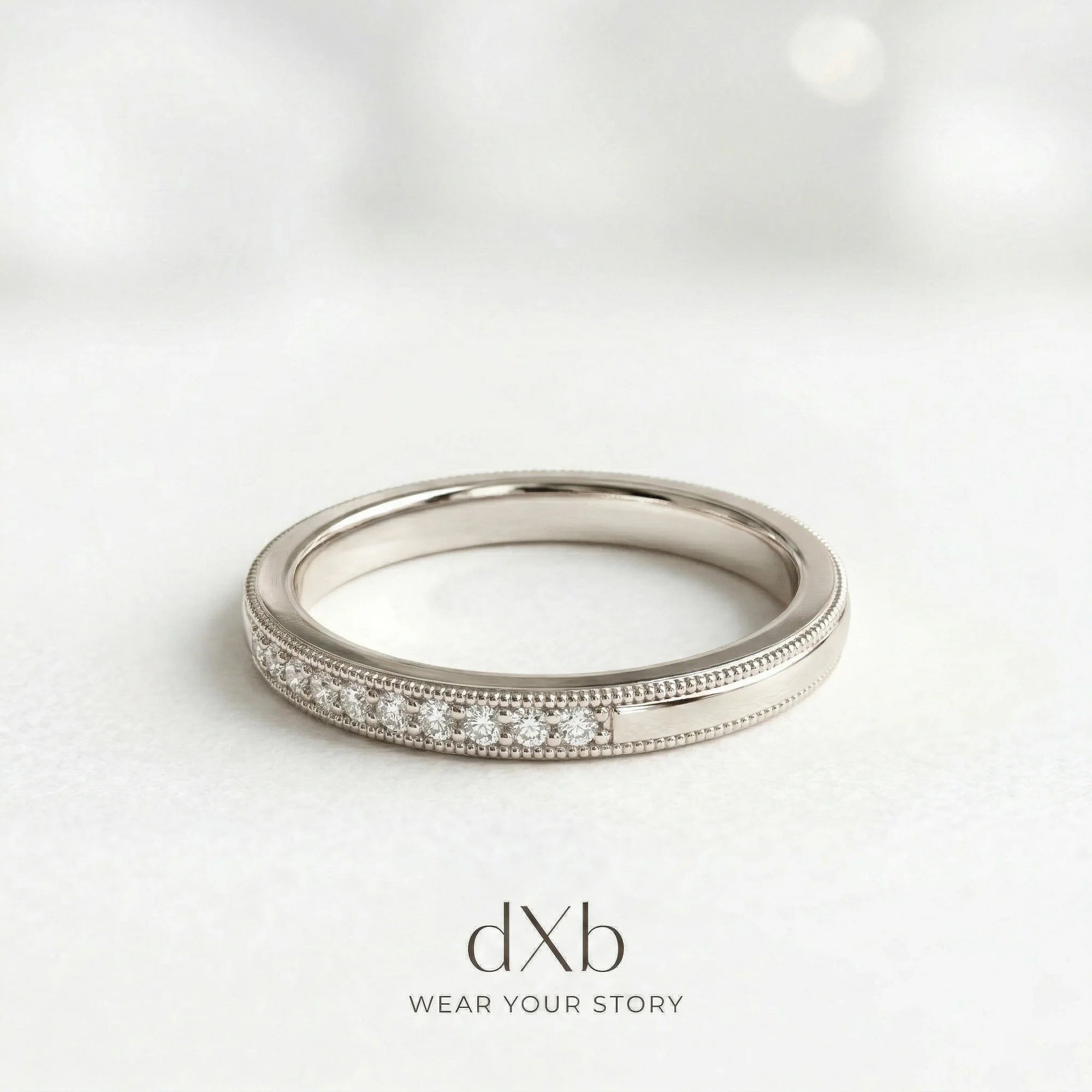 silver clear stone round milgrain eternity band ring