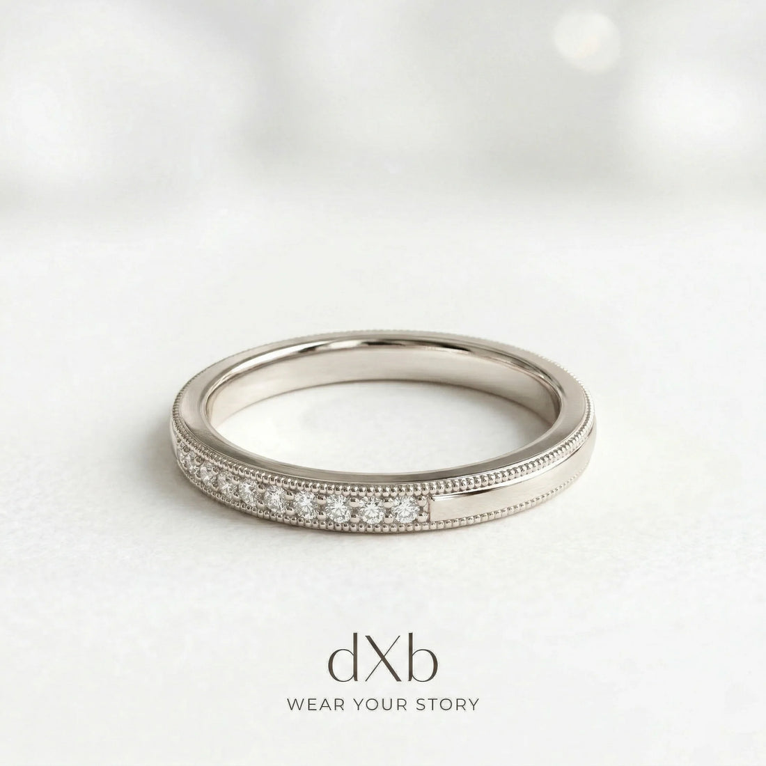 silver clear stone round milgrain eternity band ring