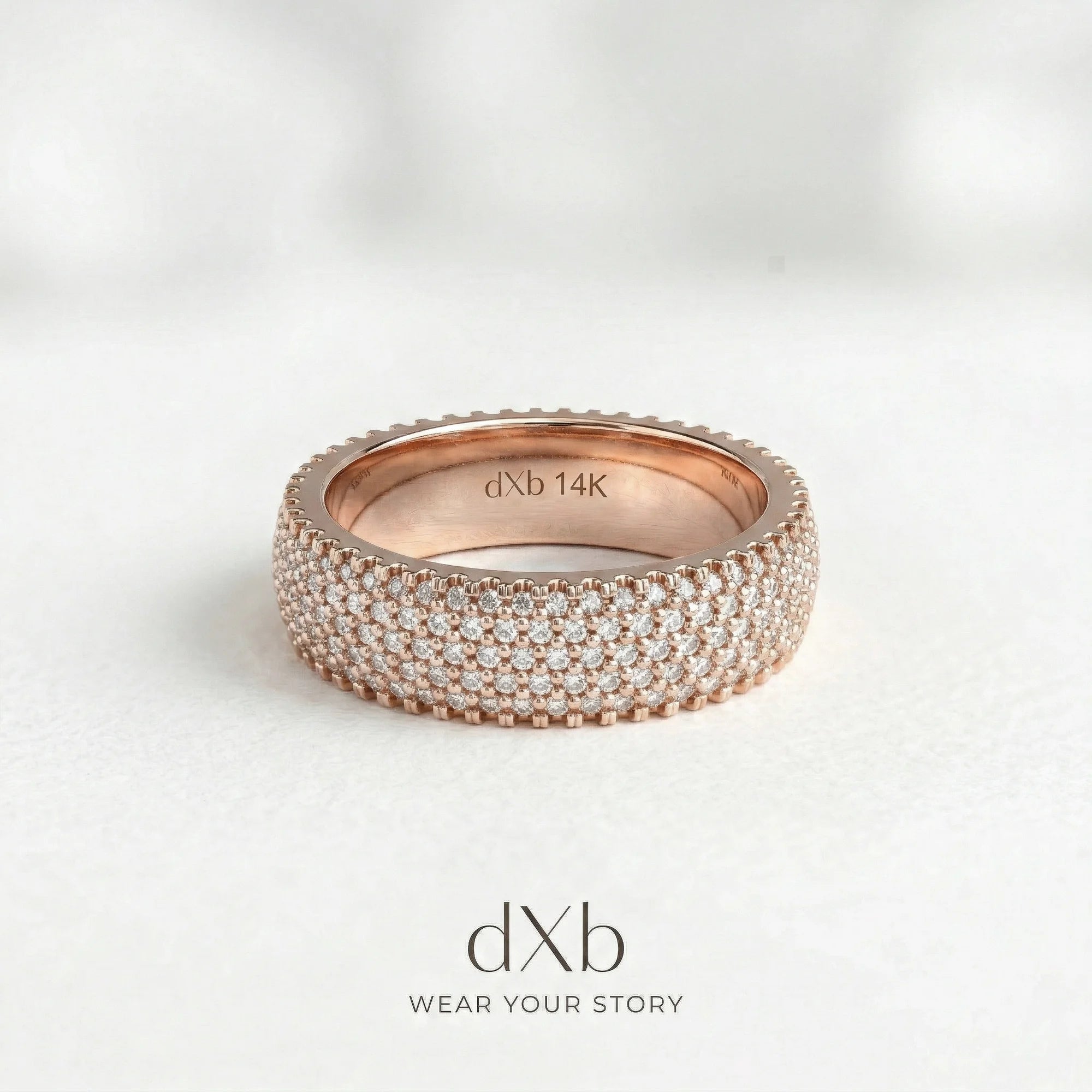 14k rose gold clear round stones round multi-row pavé band ring
