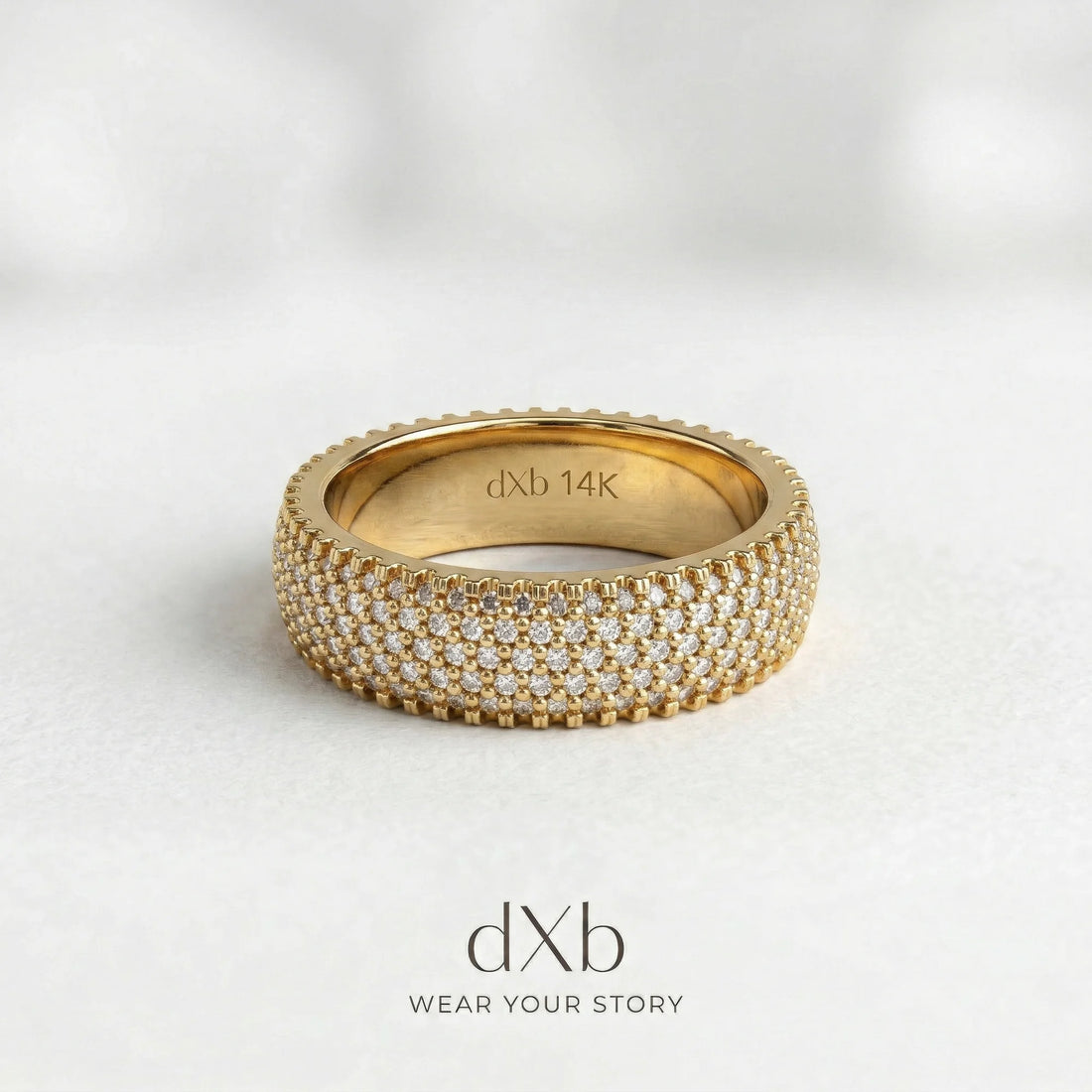 14k yellow gold clear round stones round multi-row pavé band ring