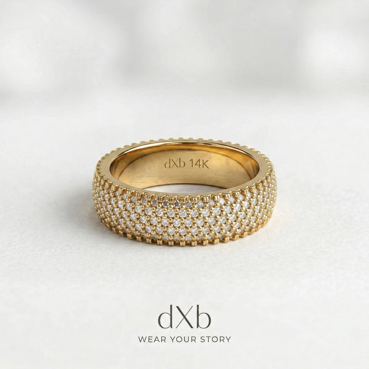 14k yellow gold clear round stones round multi-row pavé band ring