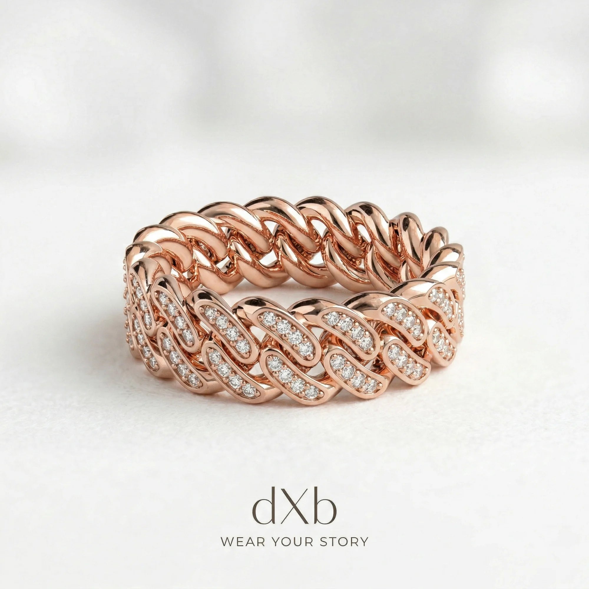 14k rose gold clear stones round Cuban link, pave ring