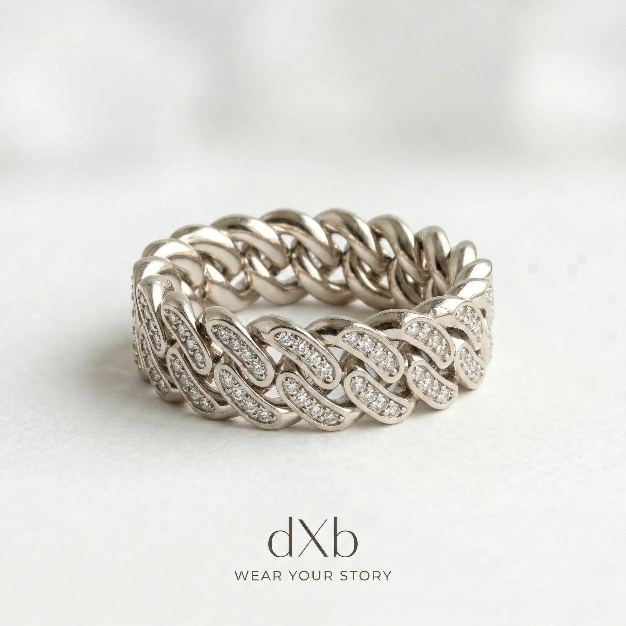 14k white gold clear stones round Cuban link, pave ring