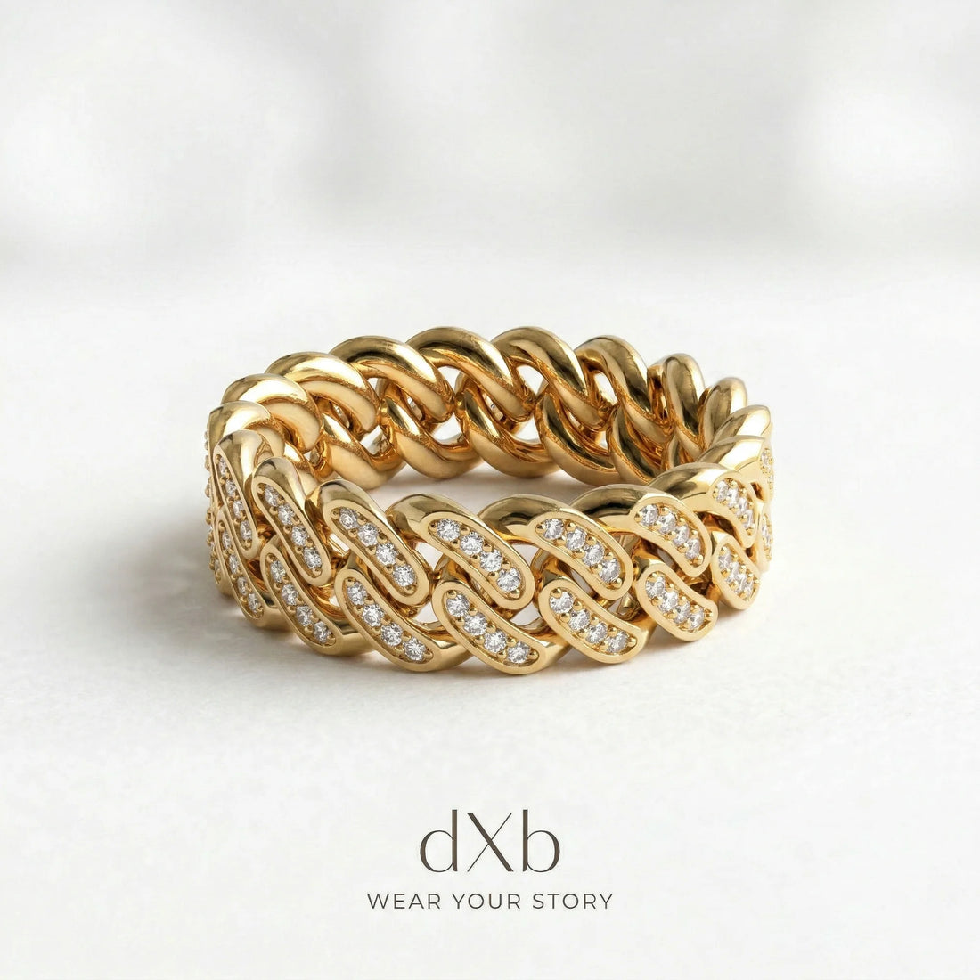 14k yellow gold clear stones round Cuban link, pave ring