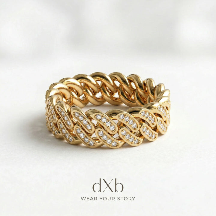 14k yellow gold clear stones round Cuban link, pave ring