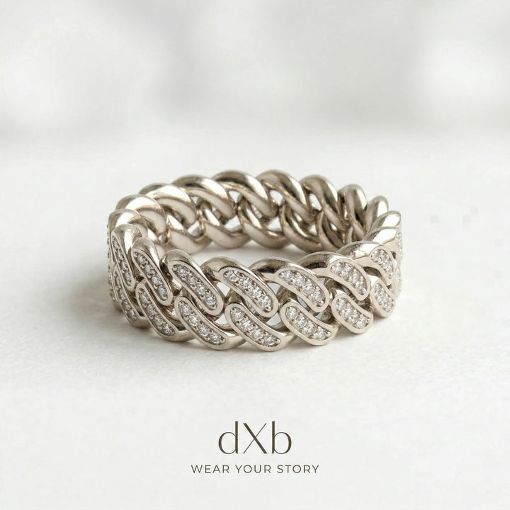 platinum clear stones round Cuban link, pave ring