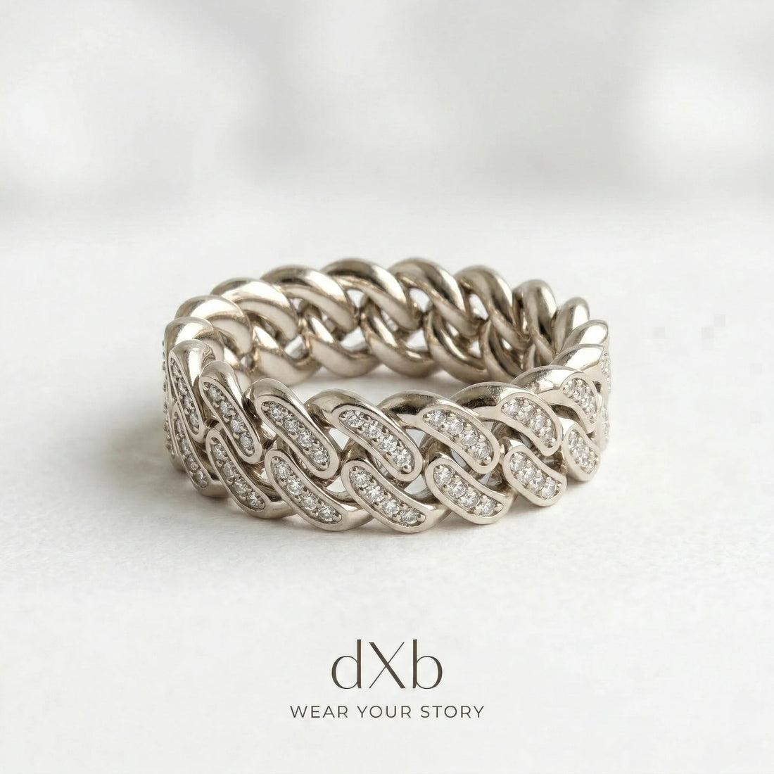 silver clear stones round Cuban link, pave ring