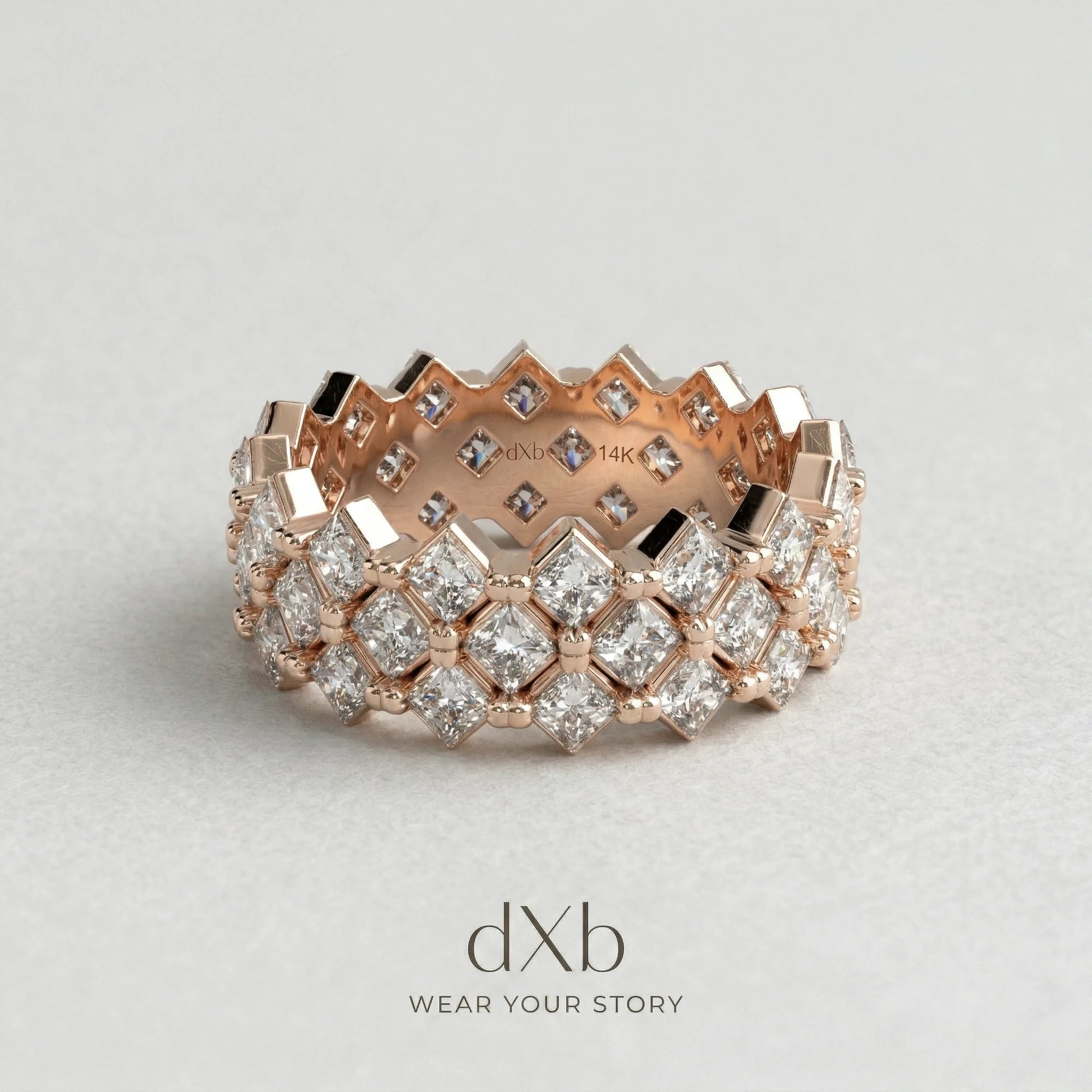 14k rose gold simulated diamond Princess Cut Geometric Eternity Band ring