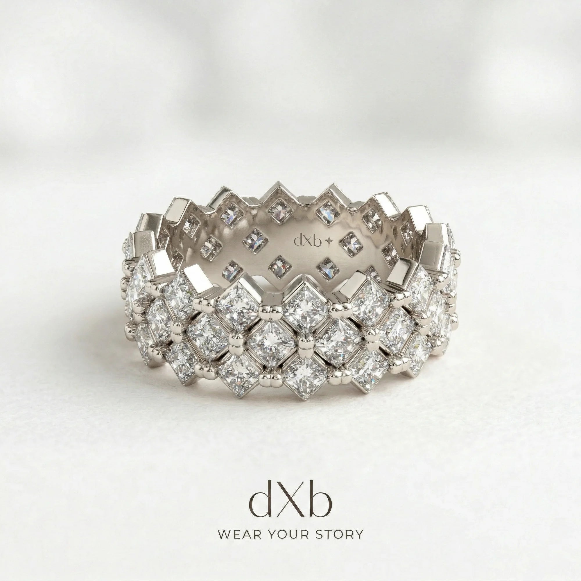 14k white gold simulated diamond Princess Cut Geometric Eternity Band ring