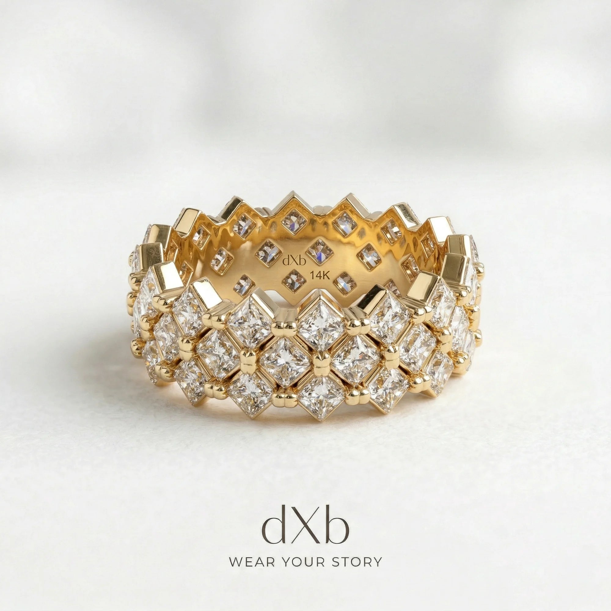 14k yellow gold simulated diamond Princess Cut Geometric Eternity Band ring