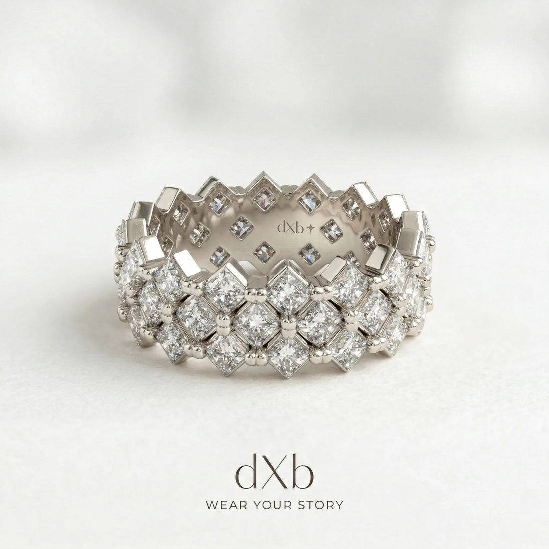 platinum simulated diamond Princess Cut Geometric Eternity Band ring
