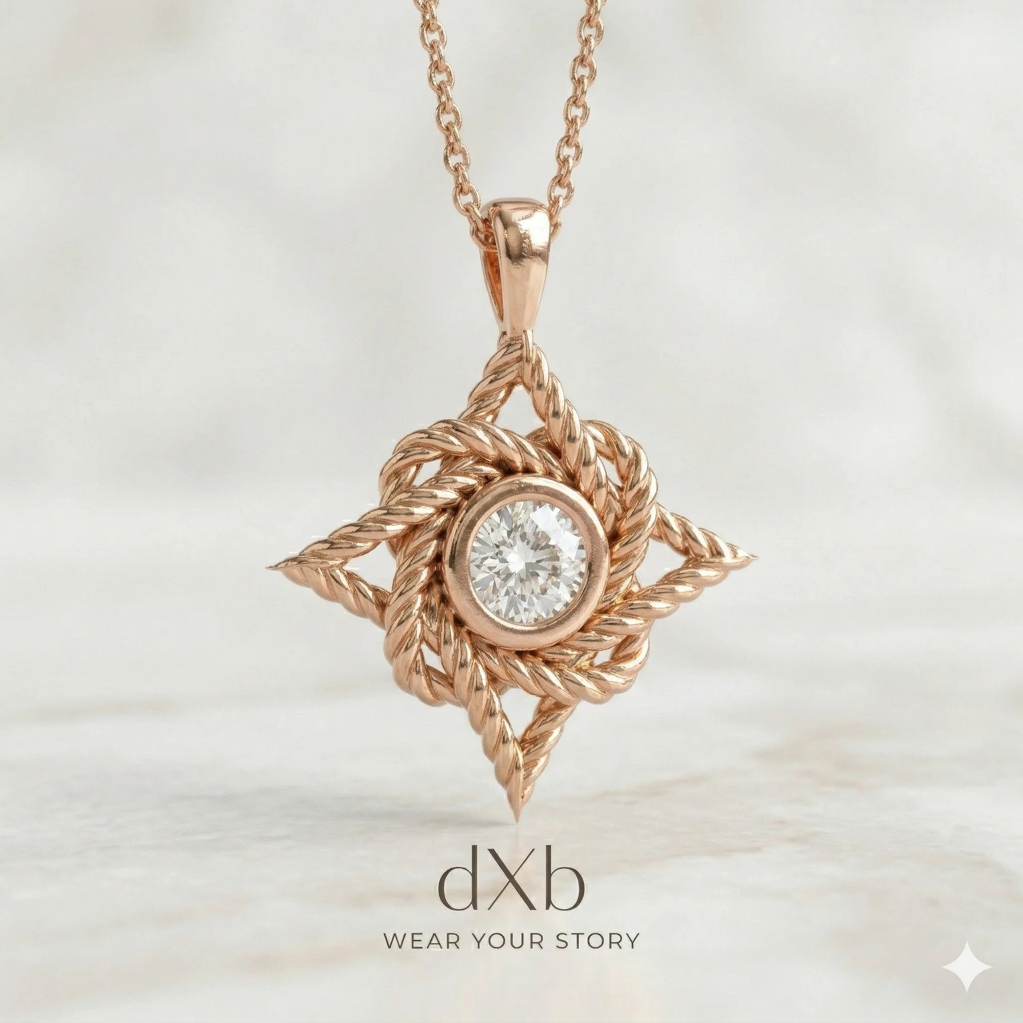 14k rose gold White Gemstone Round Rope Knot Star pendant