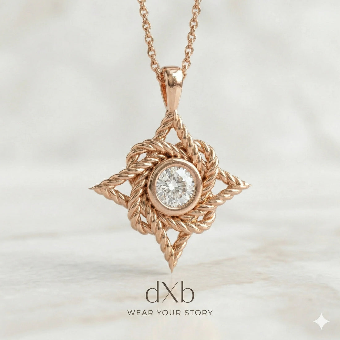 14k rose gold White Gemstone Round Rope Knot Star pendant