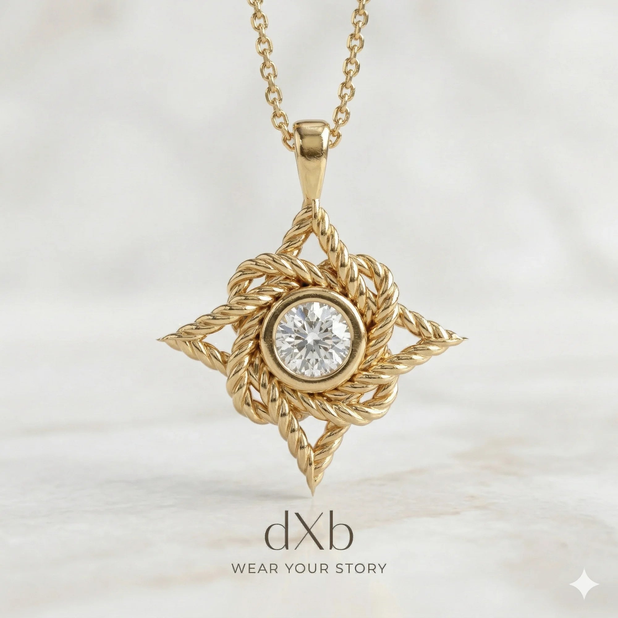 14k yellow gold White Gemstone Round Rope Knot Star pendant