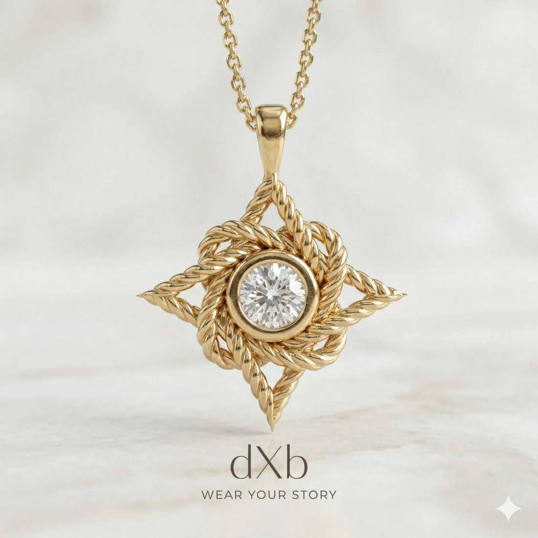 14k yellow gold White Gemstone Round Rope Knot Star pendant