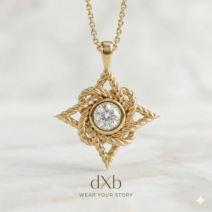 14k yellow gold White Gemstone Round Rope Knot Star pendant