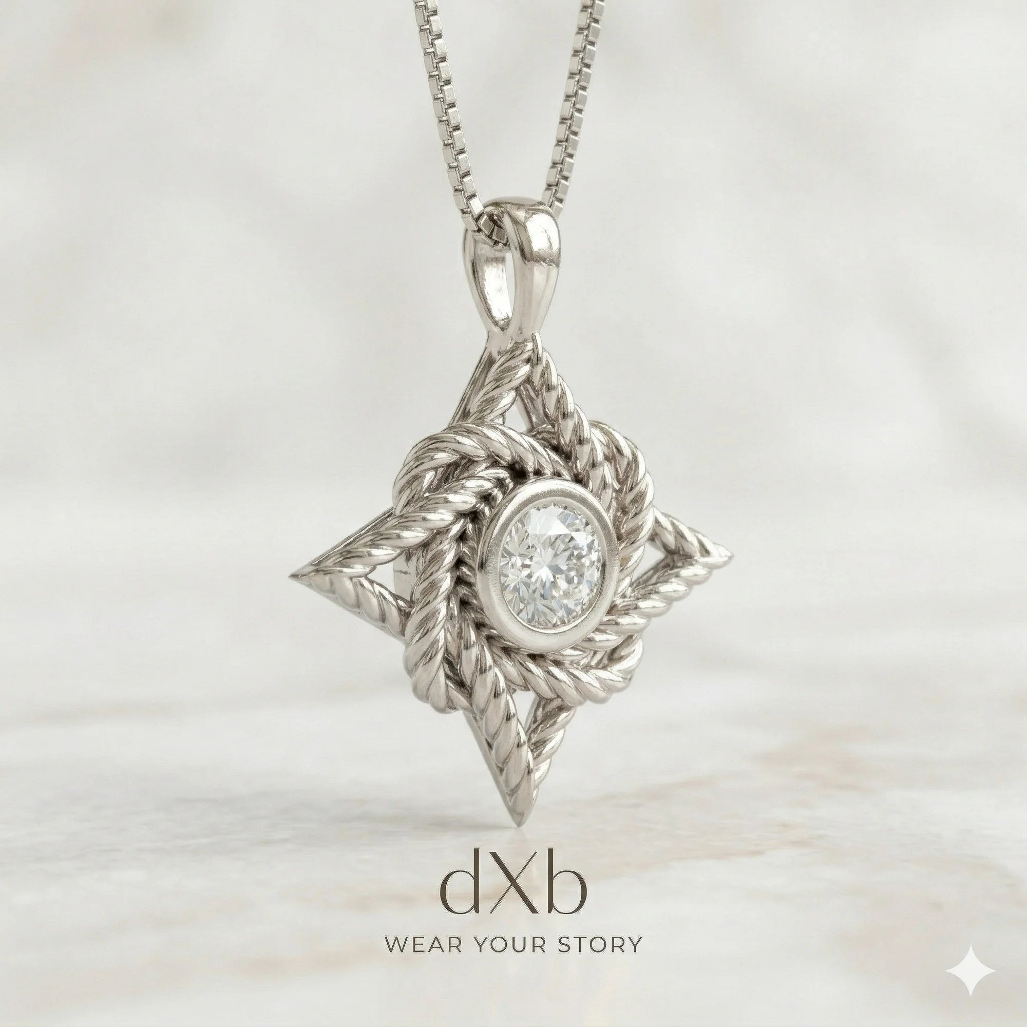 platinum White Gemstone Round Rope Knot Star pendant