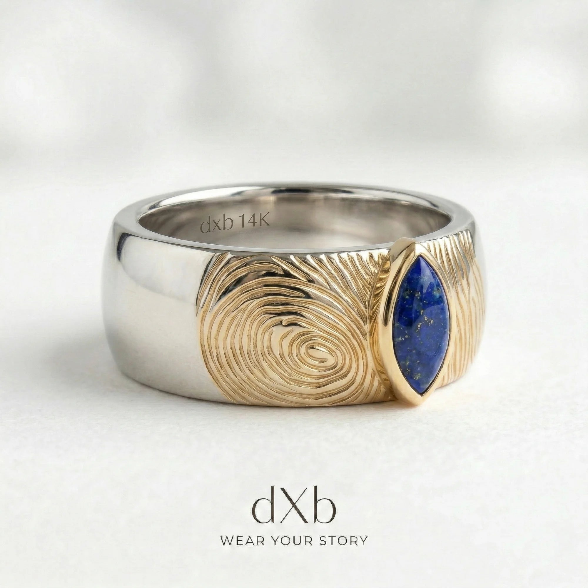 14k rose gold Lapis Lazuli Marquise Two-Tone Fingerprint Texture Band ring