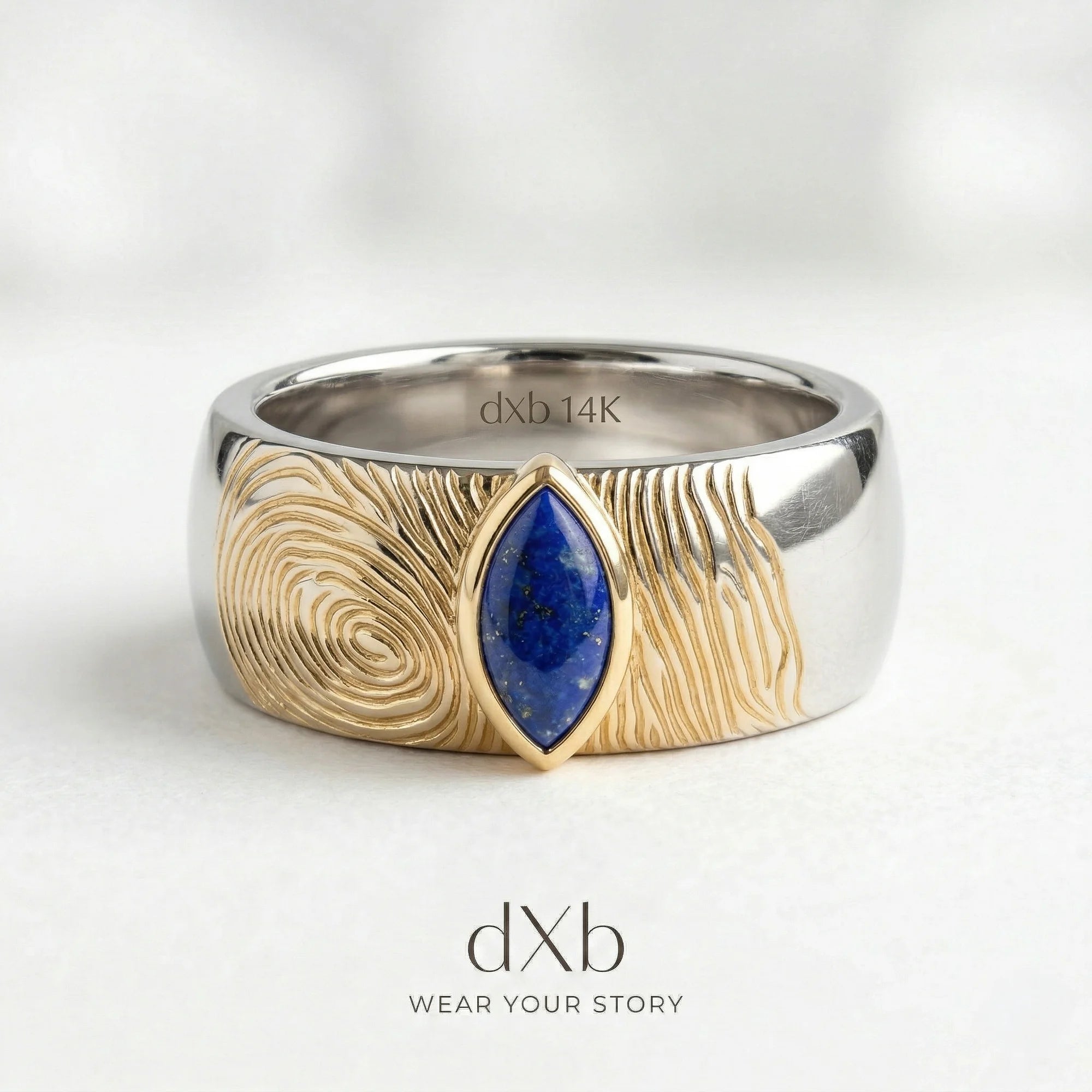 14k yellow gold Lapis Lazuli Marquise Two-Tone Fingerprint Texture Band ring