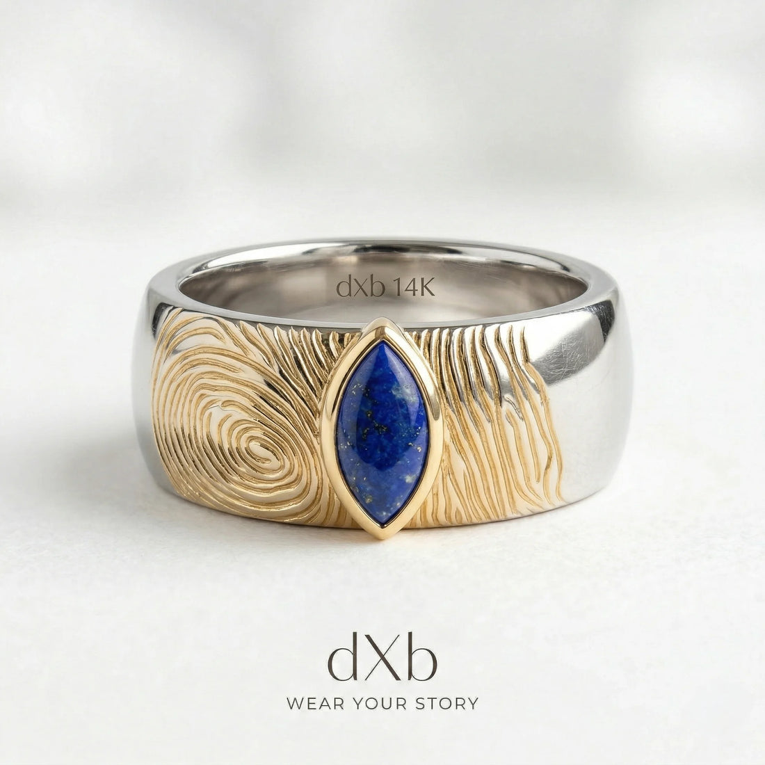 14k yellow gold Lapis Lazuli Marquise Two-Tone Fingerprint Texture Band ring