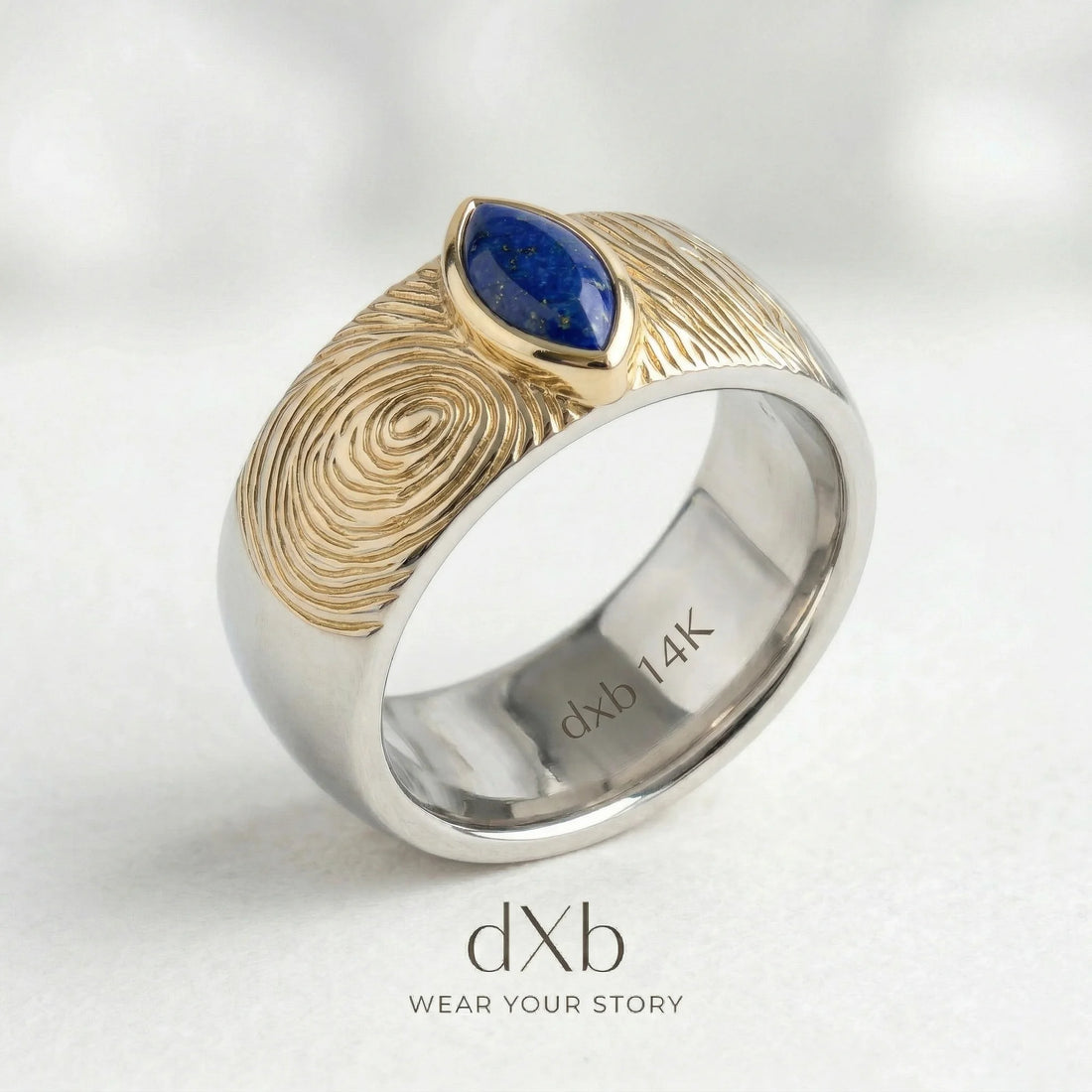 platinum Lapis Lazuli Marquise Two-Tone Fingerprint Texture Band ring