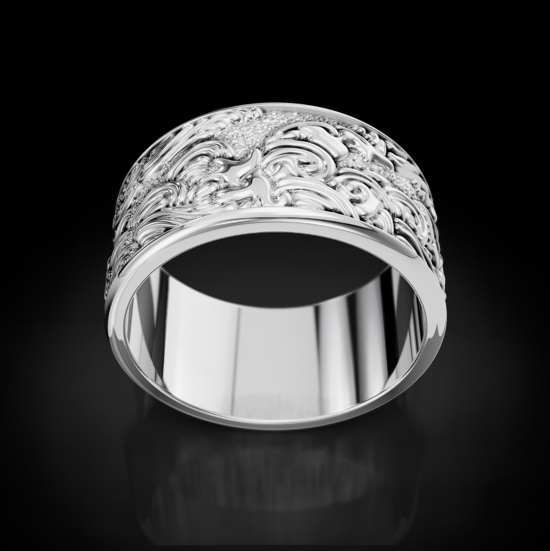 Oceanic Symphony: Waves Pattern Wedding Bands for Men - Explore Timeless Elegance