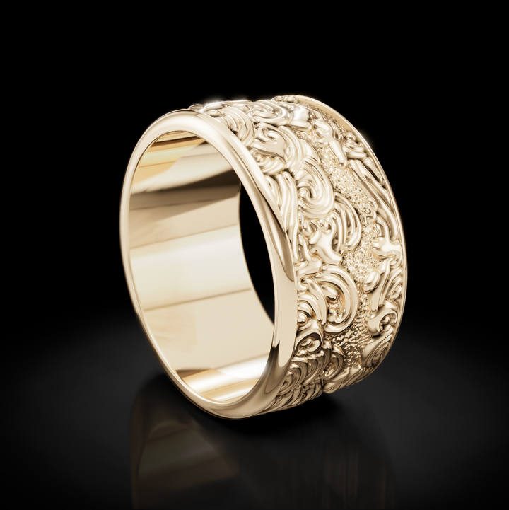 Oceanic Symphony: Waves Pattern Wedding Bands for Men - Explore Timeless Elegance