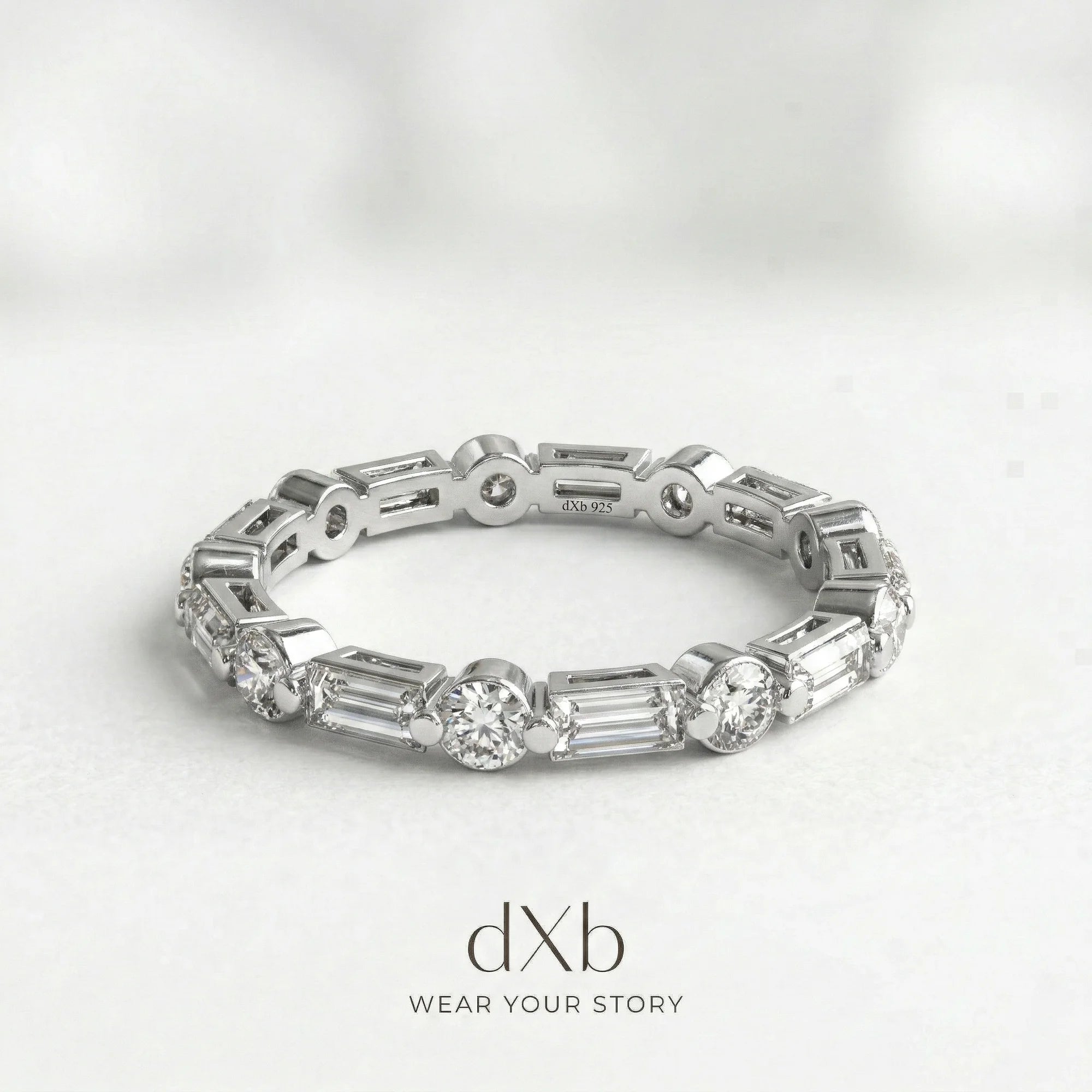 silver clear simulant round, baguette eternity band, alternating stones ring