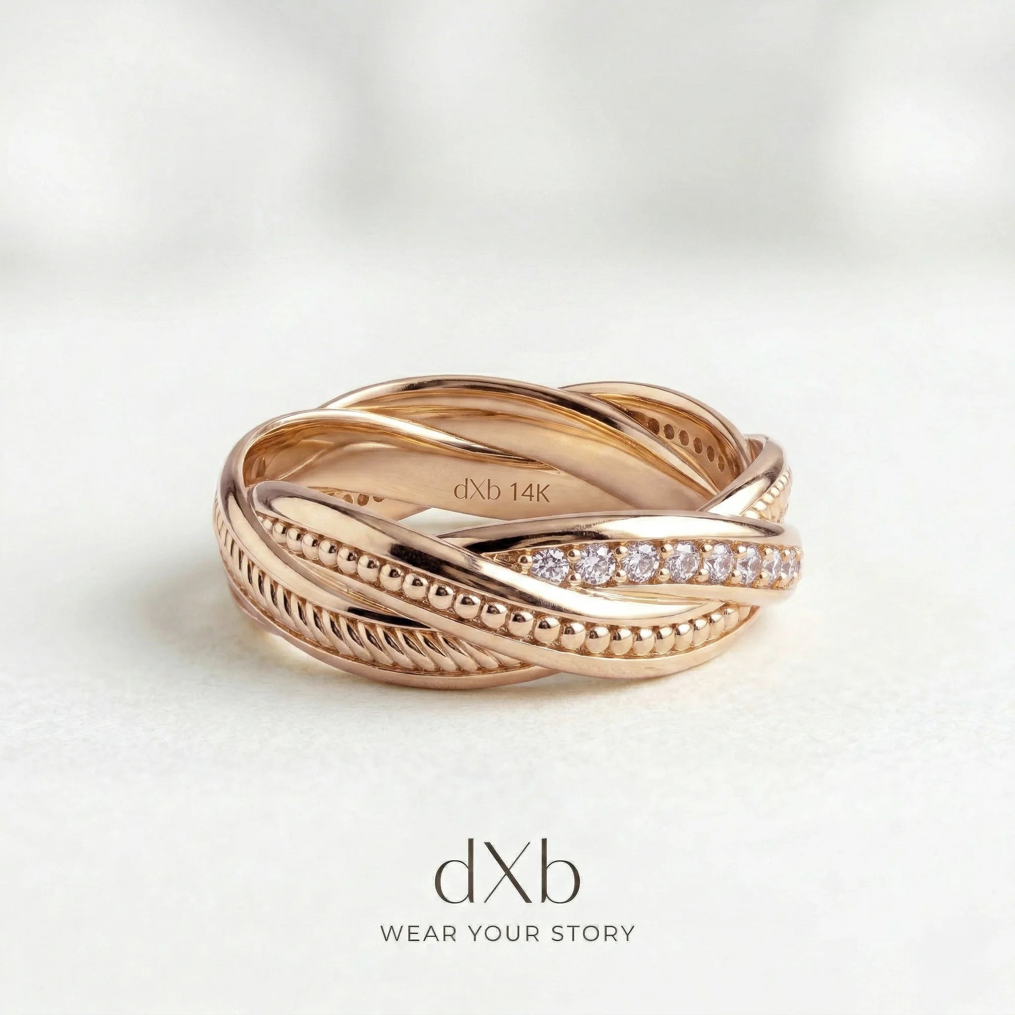 14k rose gold sparkling stones round intertwined band, textured, pave ring