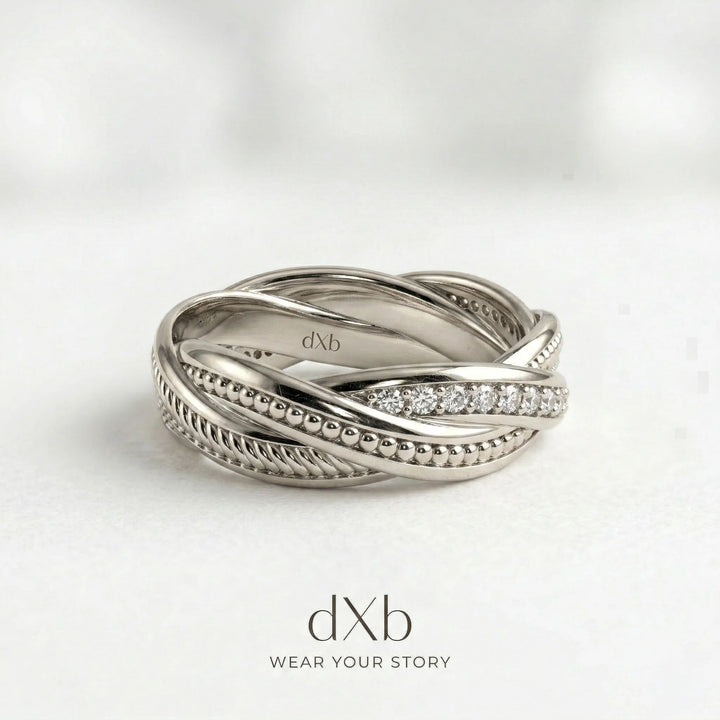 platinum sparkling stones round intertwined band, textured, pave ring