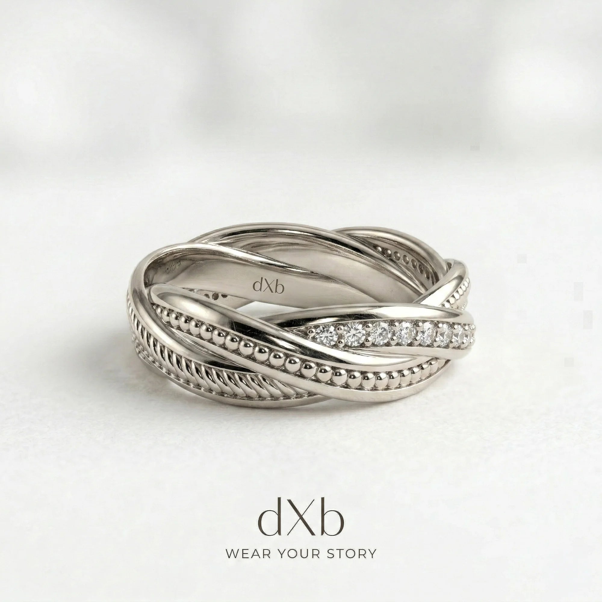 silver sparkling stones round intertwined band, textured, pave ring