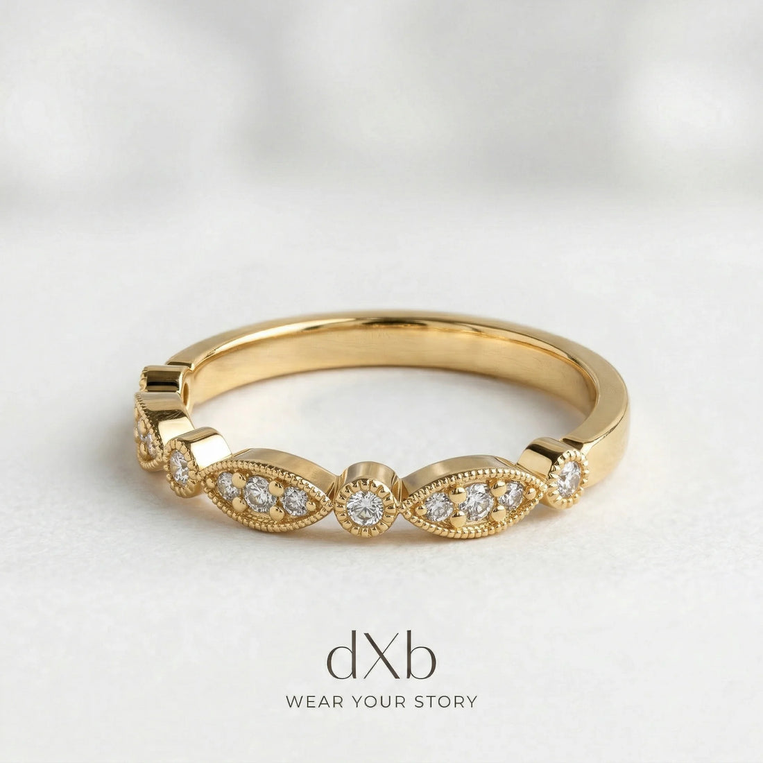 14k yellow gold Diamond Round Vintage Milgrain Band ring