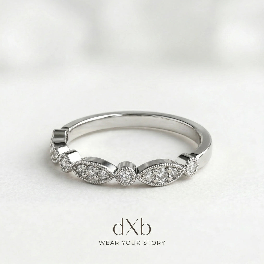 silver Diamond Round Vintage Milgrain Band ring