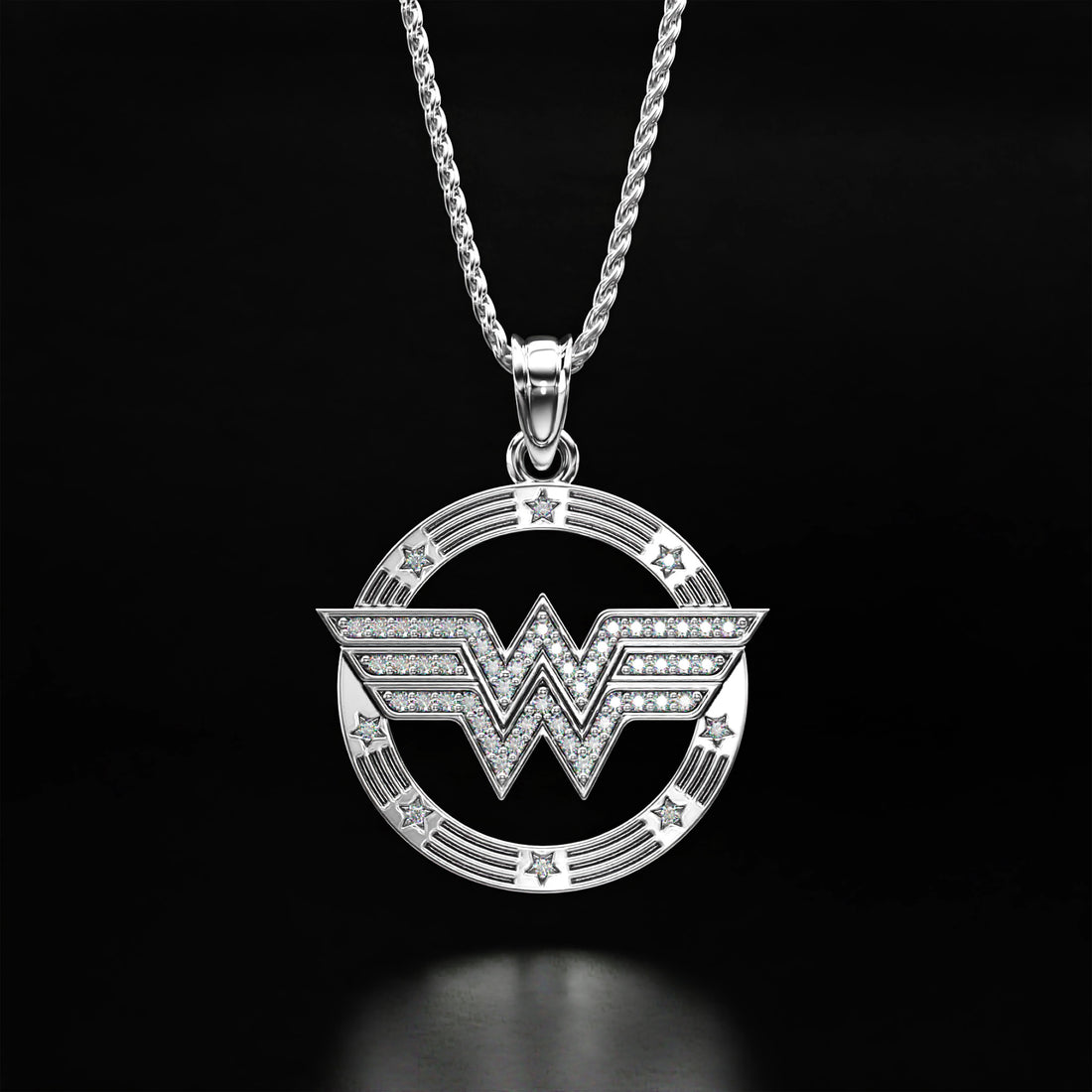 Wonder Woman Diamond Necklace - 14k Yellow Gold, 14k White Gold, 14k Rose Gold, Platinum, and Silver